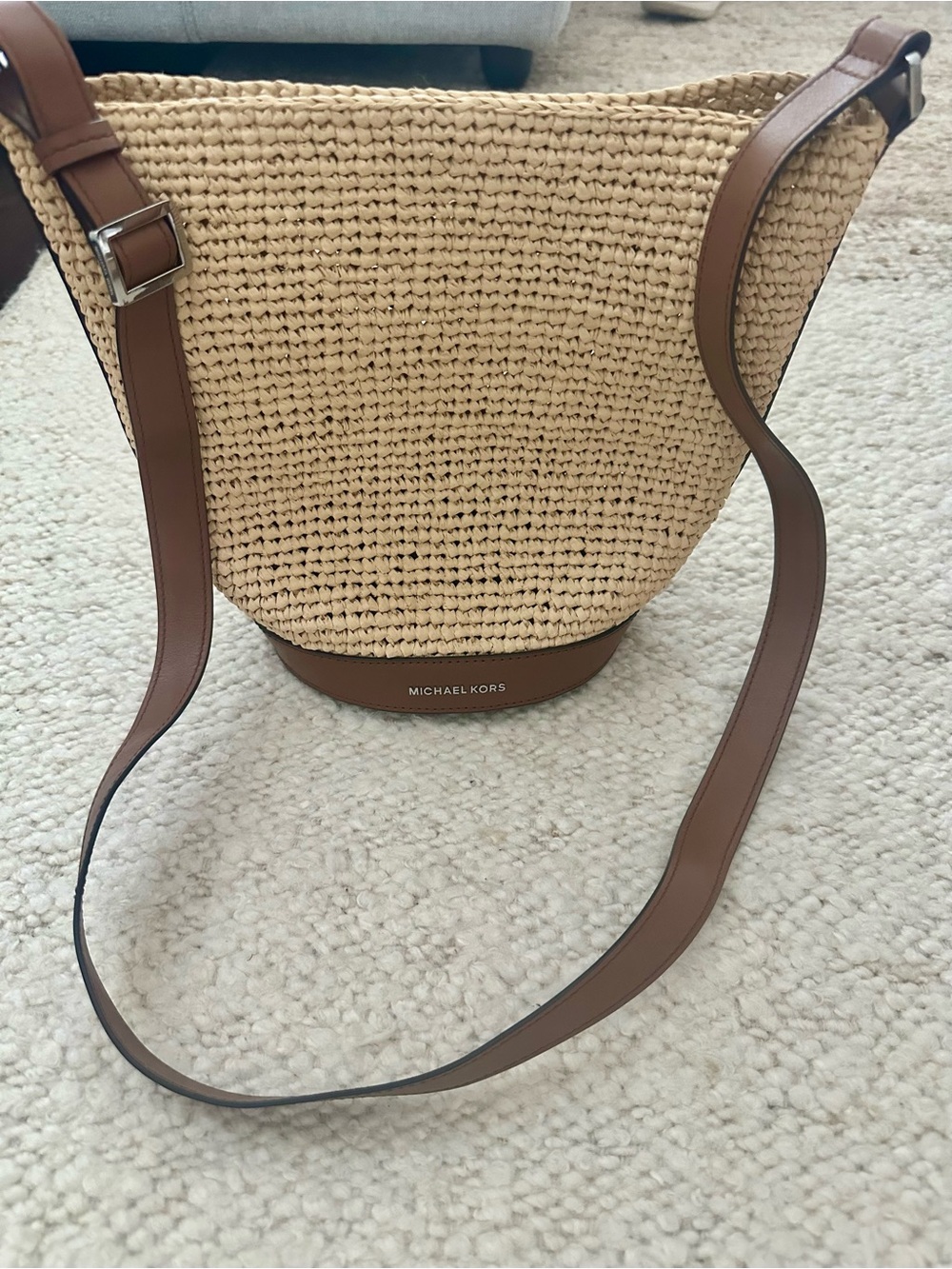 Michael Kors Beige Straw Crossbody tote Bag with Brown Trim